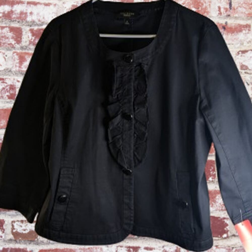 Talbots 16 black long sleeve button down with accent ruffle cotton blend jacket